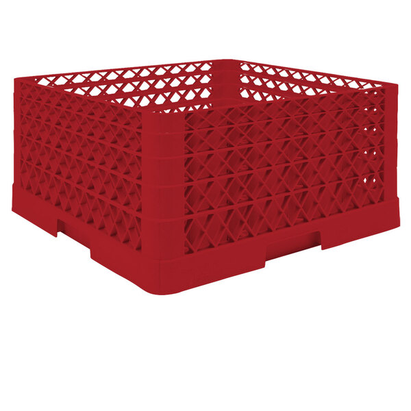A red plastic Vollrath Traex glass rack with x-shaped grids.