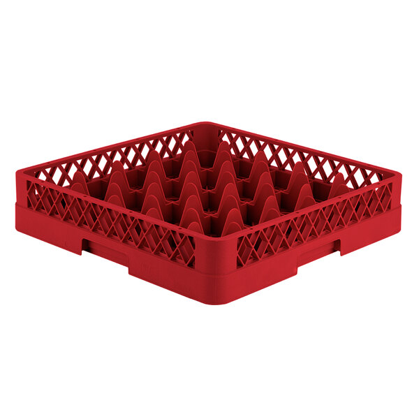 A Vollrath red plastic glass rack with 25 compartments.