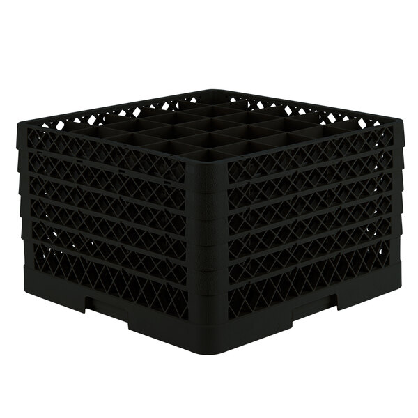 A black plastic Vollrath Traex glass rack with 25 compartments.