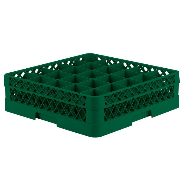 A green Vollrath Traex glass rack with 25 compartments.