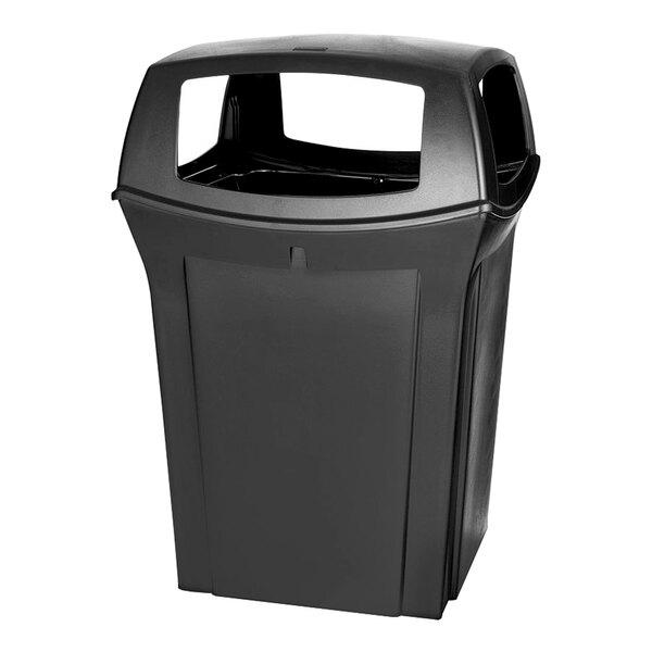 A black Rubbermaid Ranger outdoor trash can with a top lid.