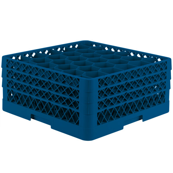 A Vollrath Royal Blue plastic rack with 30 compartments for 7 7/8" glasses.