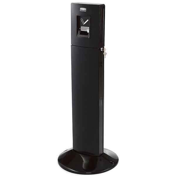 A black Rubbermaid cigarette receptacle on a stand.