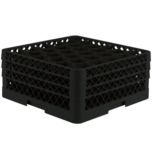 A black Vollrath Traex rack for 30 glasses with holes in it.
