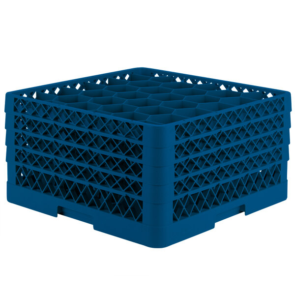 A blue plastic Vollrath Traex glass rack with a grid pattern and many compartments.