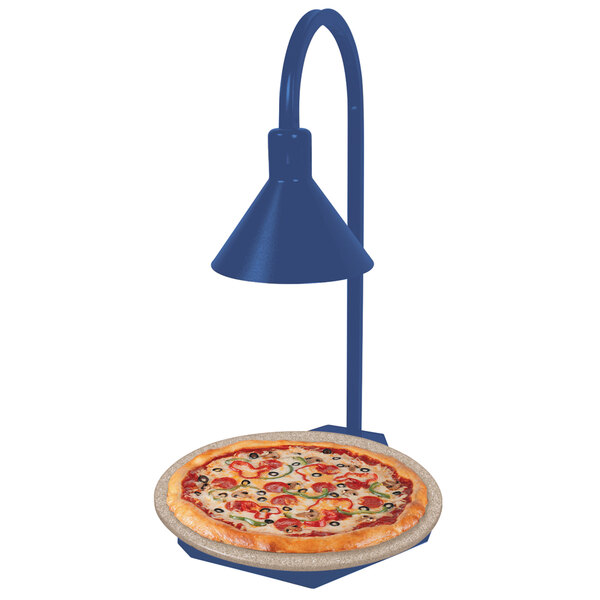 A Hatco heated stone shelf with a pizza on it, with a display lamp above.