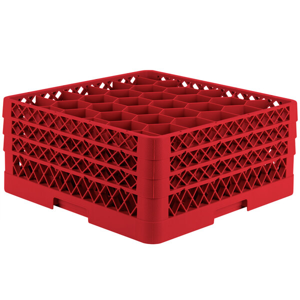 A red plastic Vollrath Traex rack with 30 compartments for small items.