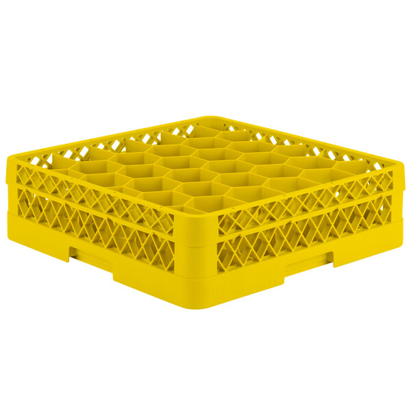 A yellow Vollrath Traex rack for 30 small glasses.