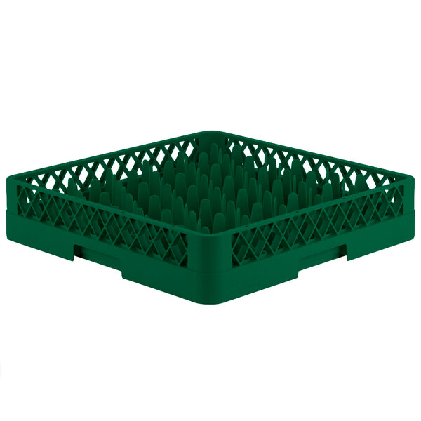 A green plastic Vollrath Traex glass rack with 30 compartments.