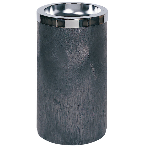 A black Rubbermaid cigarette receptacle with a silver metal ashtray top.