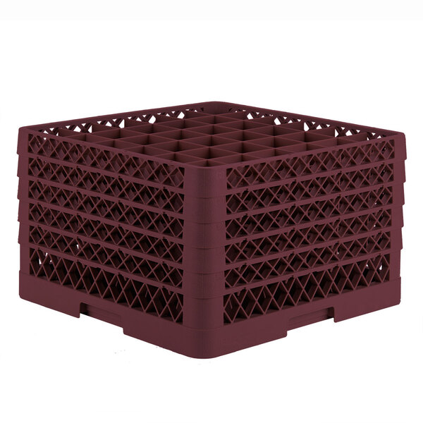 A burgundy Vollrath Traex glass rack with 36 compartments.
