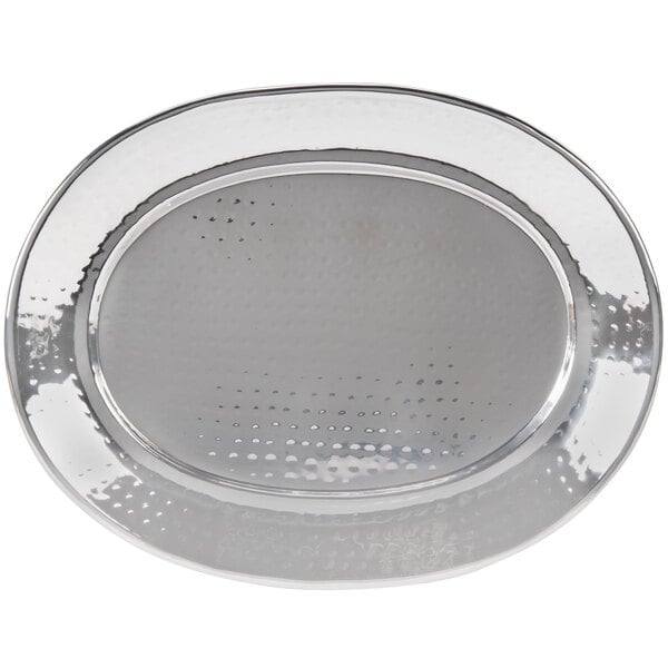 An American Metalcraft stainless steel oval platter with a hammered design.