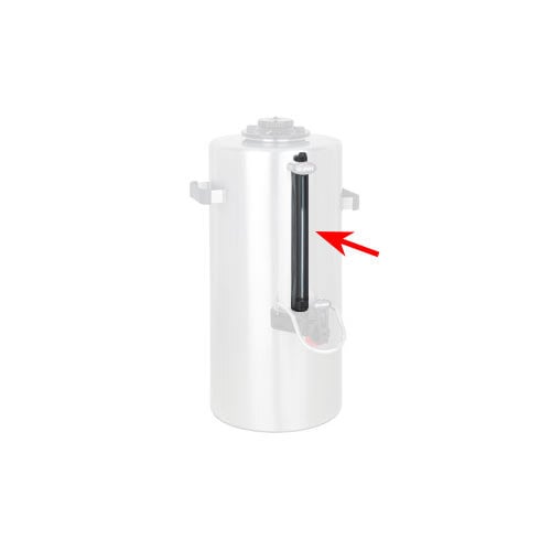 A white plastic cylinder with a black handle and a red arrow pointing to it.