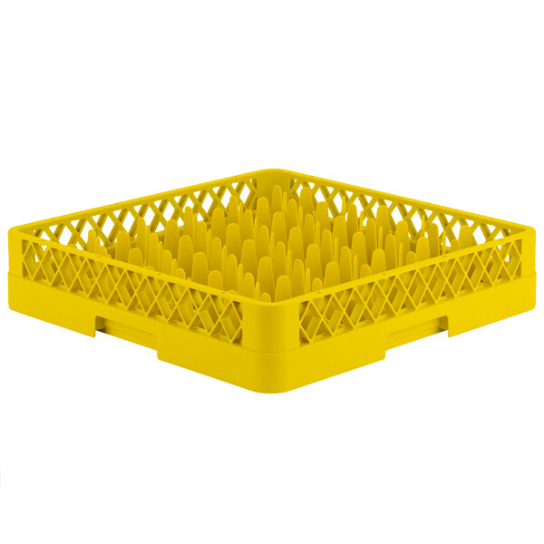 A Vollrath yellow plastic dish rack with 30 compartments.