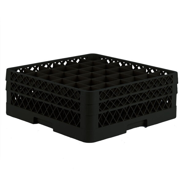 A black plastic Vollrath Traex glass rack with 36 compartments.