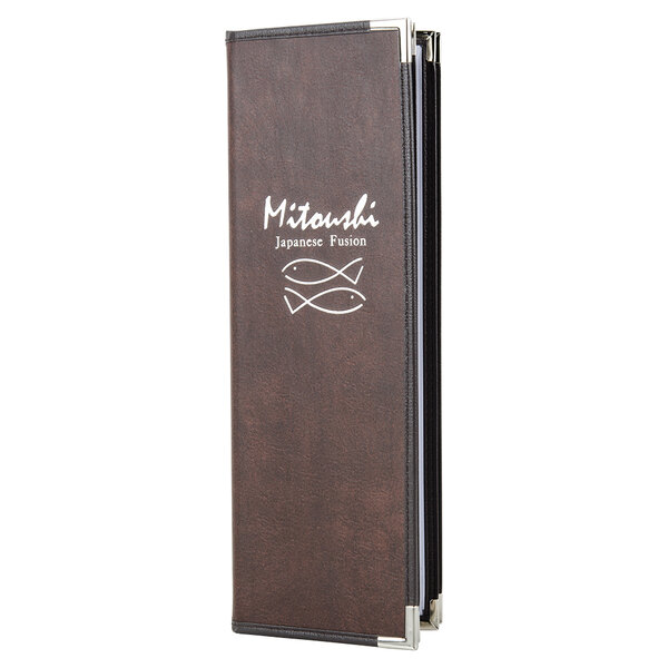 A brown leather Menu Solutions Royal Select menu cover with white text.
