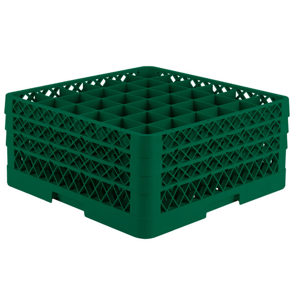 A green plastic container with 36 compartments for glasses.