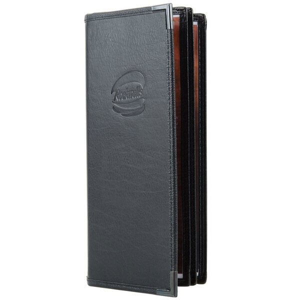 A black leather Menu Solutions menu cover with a logo on it.
