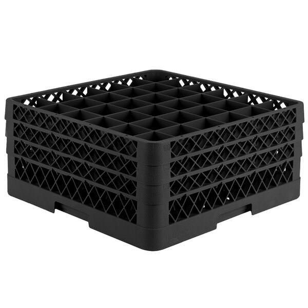 A black plastic Vollrath Traex glass rack with compartments.