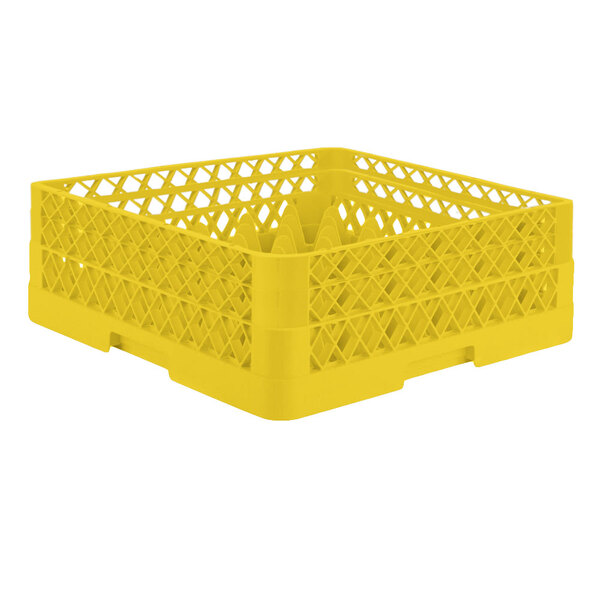 A yellow plastic Vollrath Traex glass rack with a grid of holes.