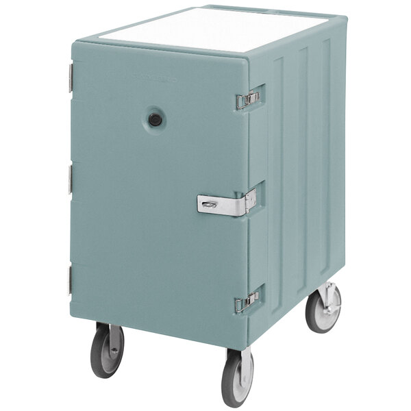 A large grey Cambro mobile cart with a door.
