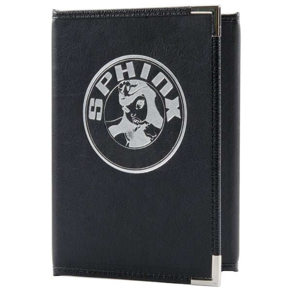A black leather Menu Solutions Royal Select Series menu cover with a silver logo.