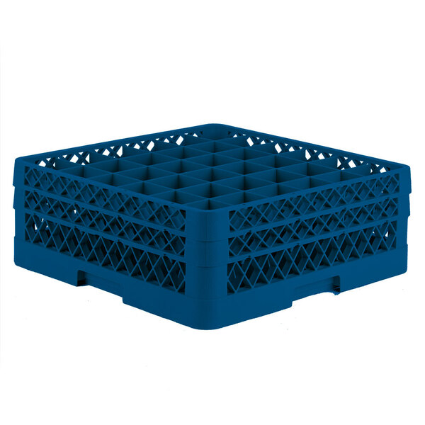 A Vollrath Traex blue plastic glass rack with 36 compartments.