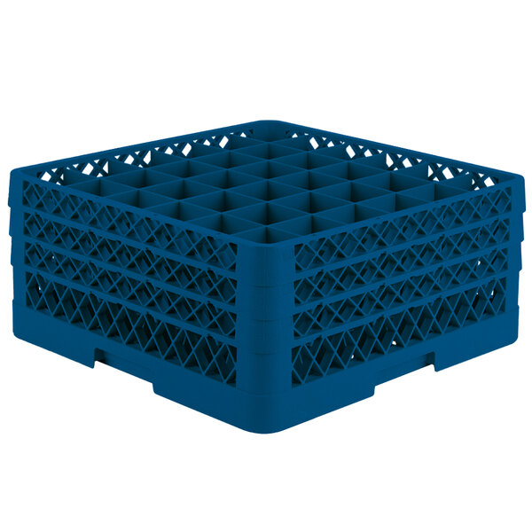 A blue plastic Vollrath Traex glass rack with a grid pattern.