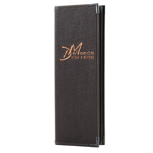 A black rectangular leather-like Menu Solutions Royal Select menu cover on a table.