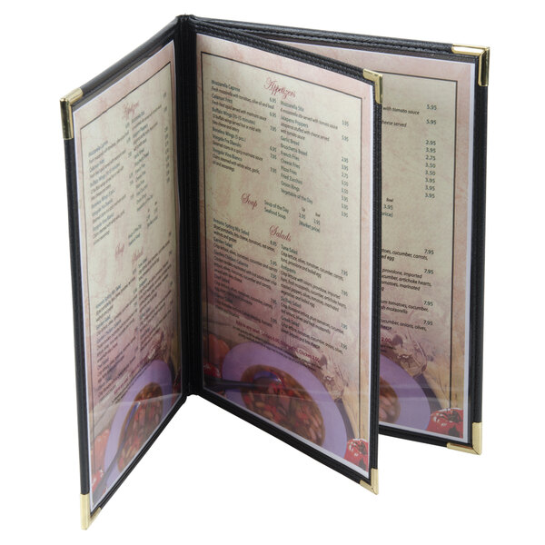 A black leather-like Menu Solutions menu cover with a gold frame and a black border.
