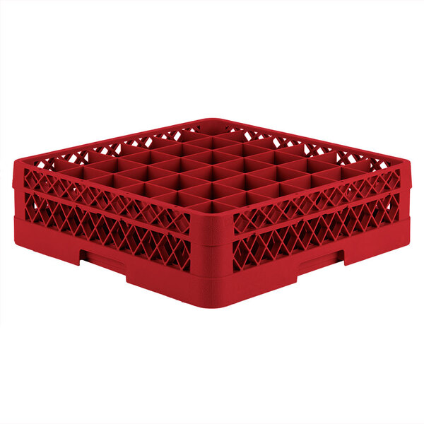 A red plastic Vollrath Traex glass rack with 36 compartments.