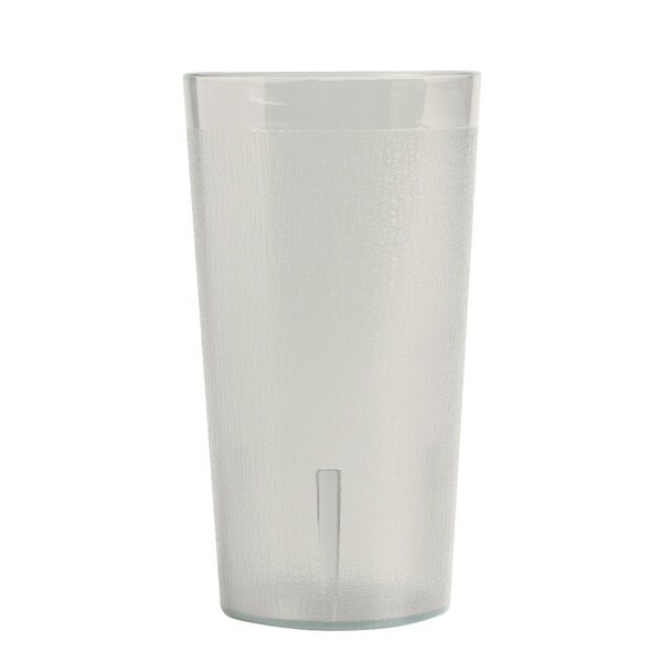 A clear plastic tumbler with a logo.