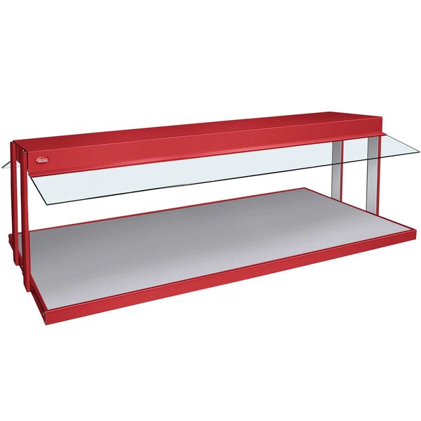 A red Hatco countertop buffet warmer with a glass top over a red and white rectangular display case.