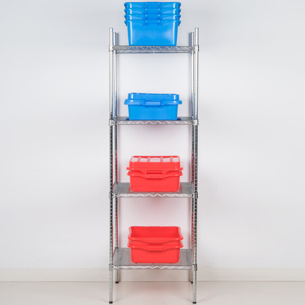 A Regency chrome wire shelving unit with blue and red plastic containers on a shelf.