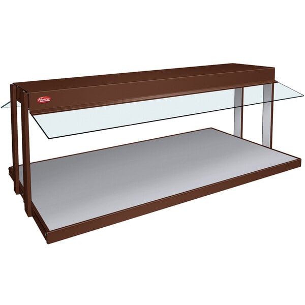 A brown shelf with glass shelves.
