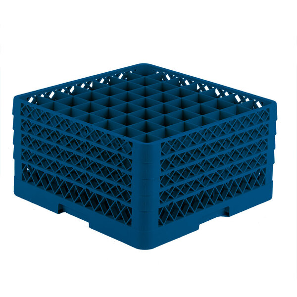 A Vollrath royal blue plastic glass rack with 49 compartments.