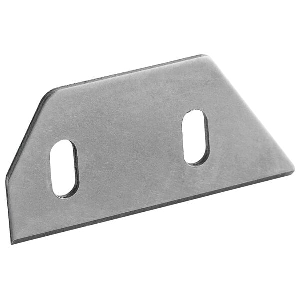 A stainless steel metal plate with two holes.