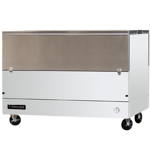 A large stainless steel metal box on wheels.