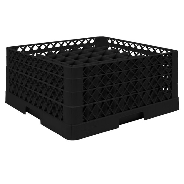 A black plastic Vollrath Traex glass rack with many compartments and holes.