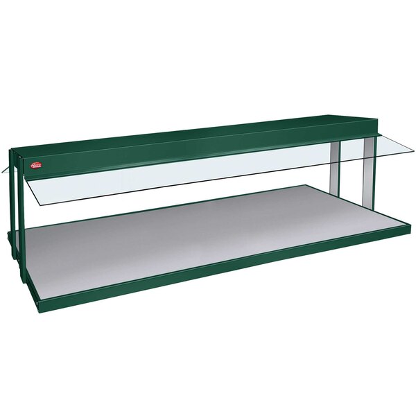 A green rectangular Hatco buffet warmer with glass shelves.