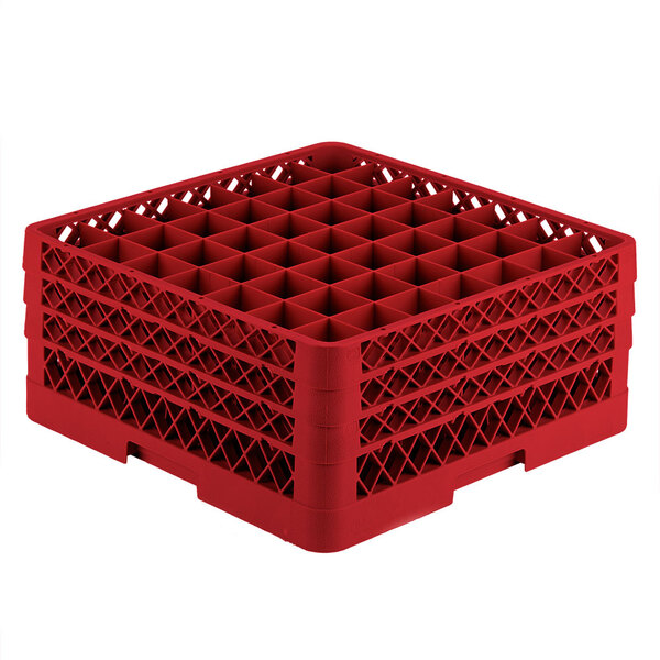 A red Vollrath Traex glass rack with 49 compartments.
