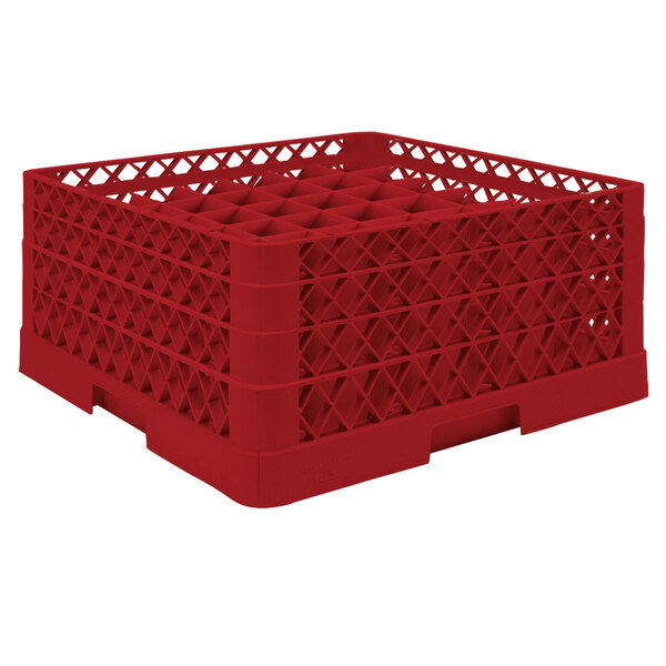 A Vollrath red plastic glass rack with 49 compartments and an open rack extender on top.