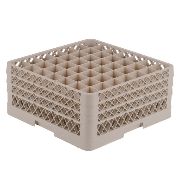 A beige plastic Vollrath Traex glass rack with 49 compartments, each with small holes.