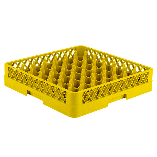 A Vollrath yellow plastic dish rack with 49 compartments.