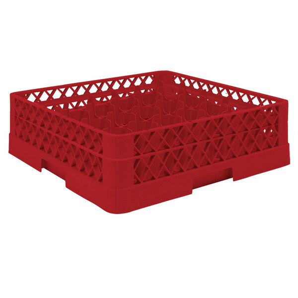 A Vollrath red plastic glass rack with 49 compartments and an open rack extender on top.