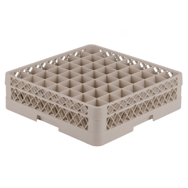 A beige Vollrath Traex glass rack with 49 small compartments.