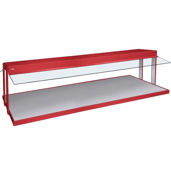 A red rectangular Hatco buffet warmer with a clear glass top.