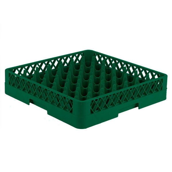 A green plastic Vollrath Traex glass rack with 49 compartments.