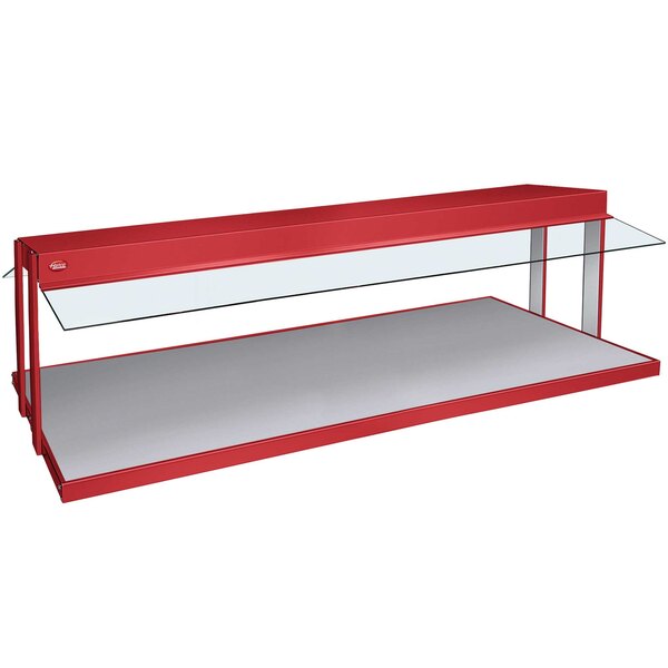 A red rectangular Hatco buffet warmer with glass shelves.