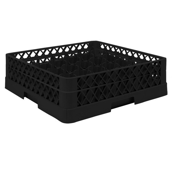 A black plastic Vollrath Traex glass rack with holes.